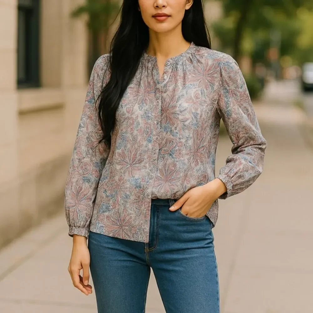 J. Crew x Liberty London Faraway Plum Floral Cotton Voile Button Front Top